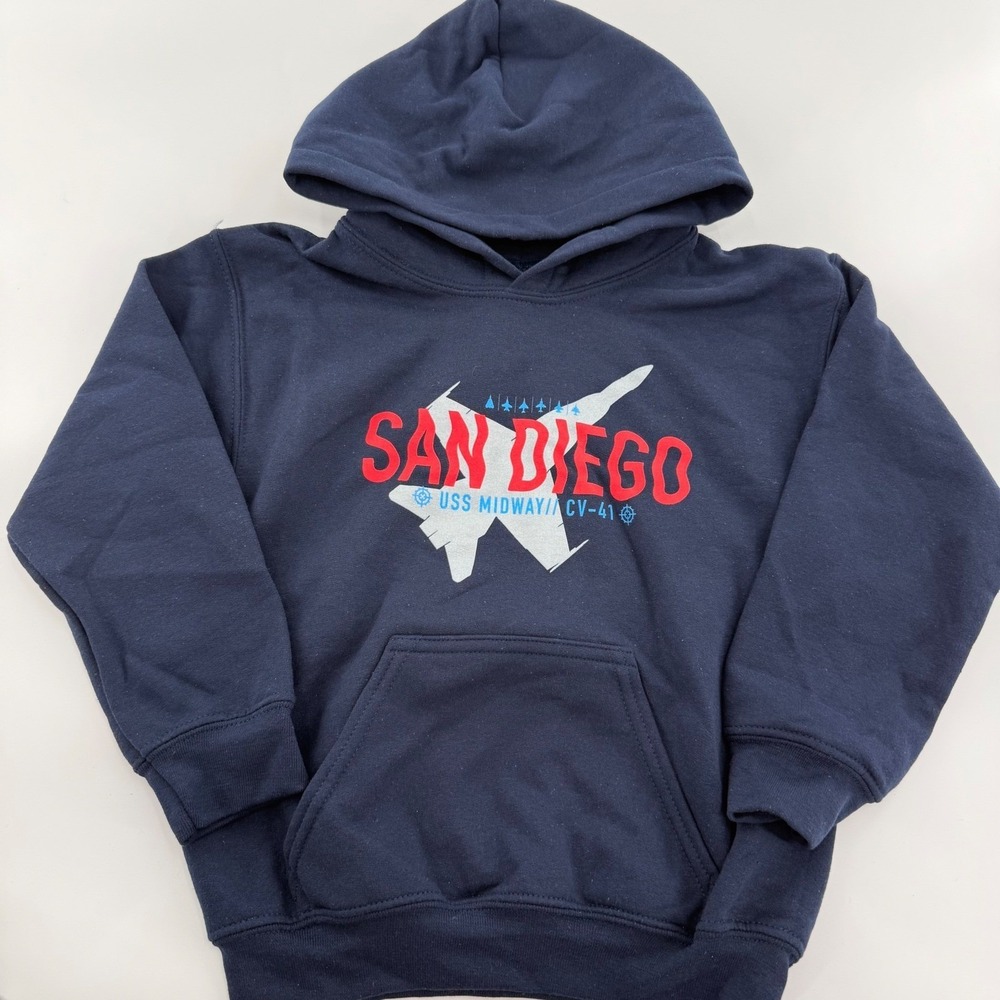 USS Midway San Diego Navy Blue Graphic Hoodie Kids Pullover Sweatshirt S NWT
